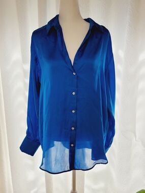 Zara Blue Satin Button-Down Blouse - Elegant Women's Top